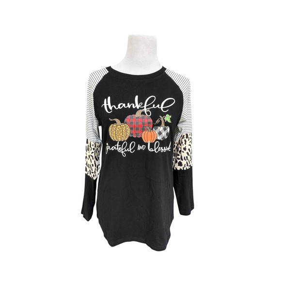 Tops - Unbranded Raglan Top Women Black Thanksgiving Pumpkin Mixed Print Sleeve Graphic